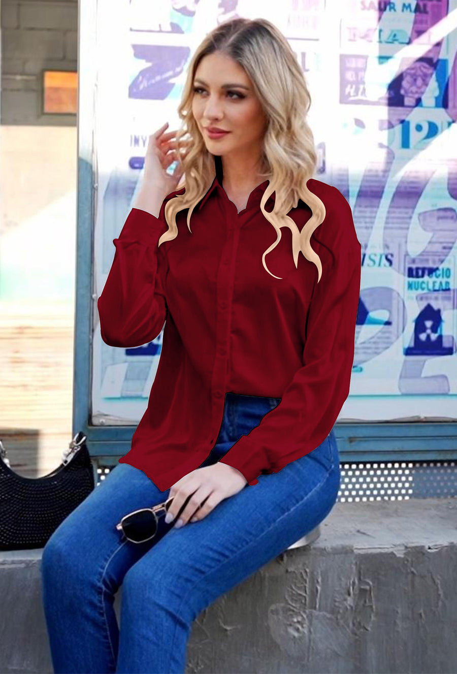 Womens Satin Solid Blouse Long Sleeve Work Casual Button Down Shirts in Red