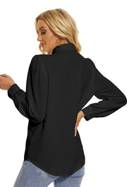 Women's Pleated Long Sleeve Chiffon Blouses in Black