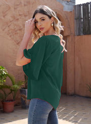 Women's Short Sleeve Button Down Loose Chiffon Blouses in Forest Green