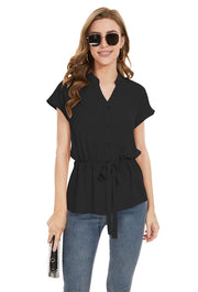 Womens Fashion Button Down Shirt Short Sleeve Blouses in Black