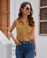 Women's Sleeveless Button Down Shirts Blouses Solid Casual Tank Top Loose V Neck Summer Top for Work