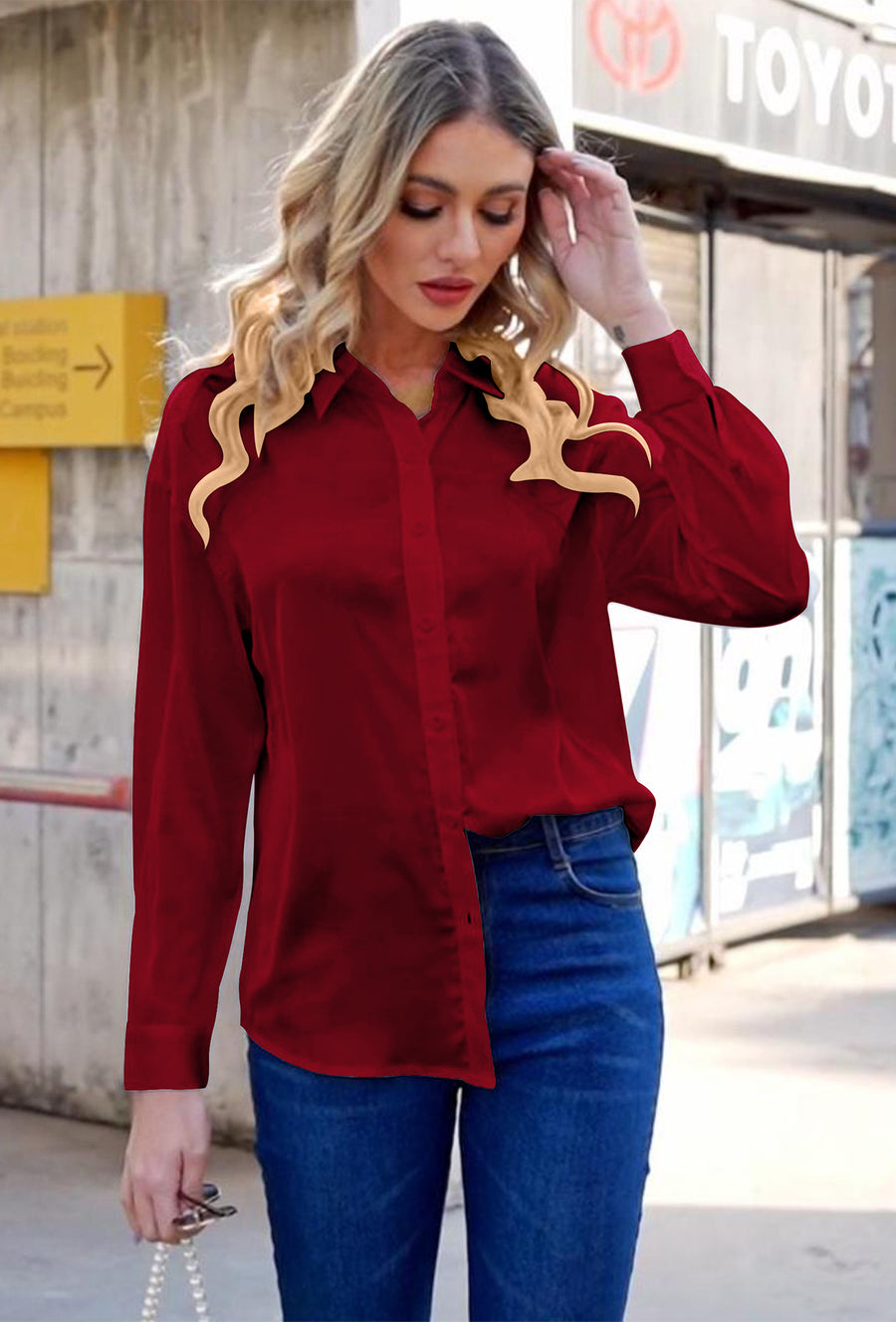 Womens Satin Solid Blouse Long Sleeve Work Casual Button Down Shirts in Red