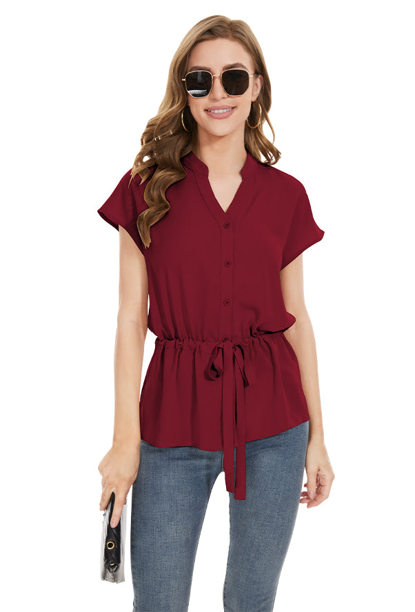 Womens Fashion Button Down Shirt Short Sleeve Blouses in Red