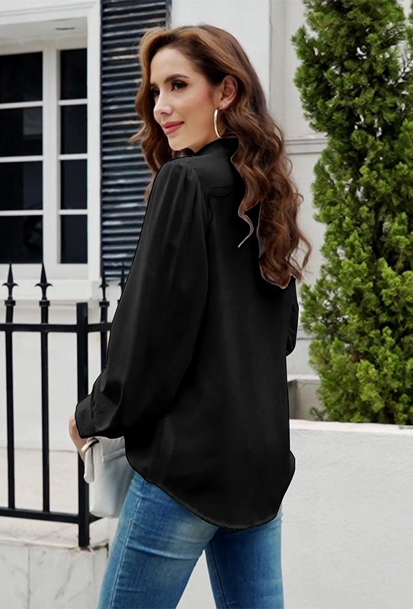 Women's Pleated Long Sleeve Chiffon Blouses in Black