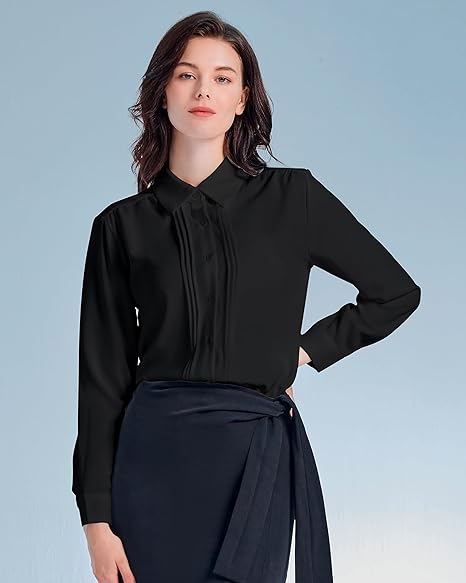 Womens Button Down Shirts Long Sleeve Casual Chiffon Blouses Loose Pleated Collared Work Office Tops