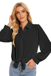 Women's Pleated Long Sleeve Chiffon Blouses in Black