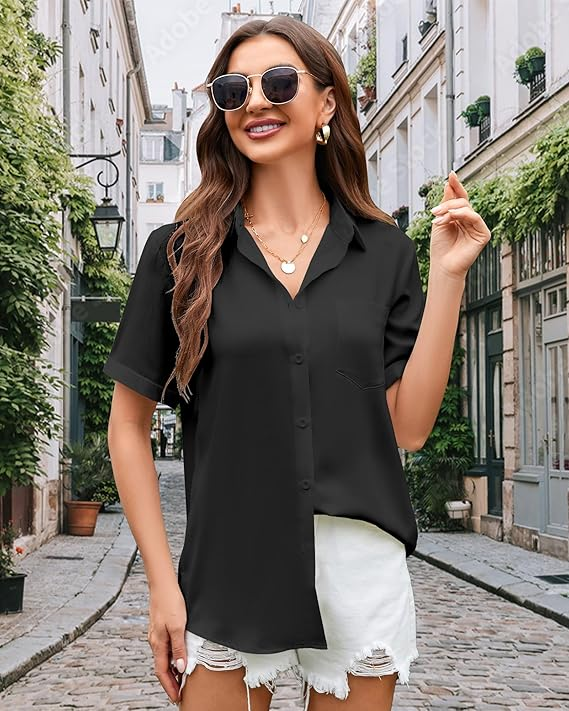 Blouse for Women Button Down Shirt V Neck Women Short Sleeve Tops Chiffon Work Office Blouse with Pocket