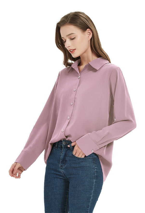 Women's Classic Long Sleeve Collared Chiffon Blouse in Pink