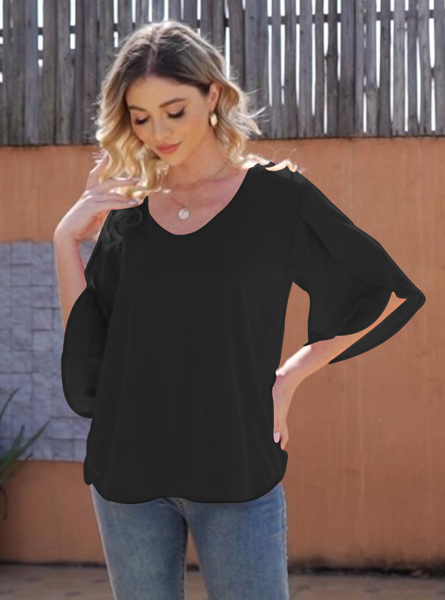 Women's Short Sleeve Loose Chiffon Blouses in Black