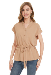 Womens Fashion Button Down Shirt Short Sleeve Blouses in Khaki