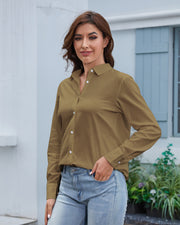 Cotton Linen Women's Button Down Shirts Long Sleeve V Neck Collared Shirt Loose Fit Casual Work Blouse Top