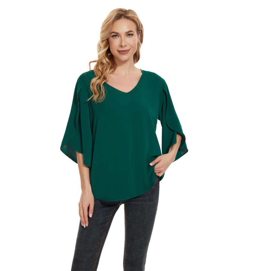 Women's Short Sleeve Button Down Loose Chiffon Blouses in Forest Green