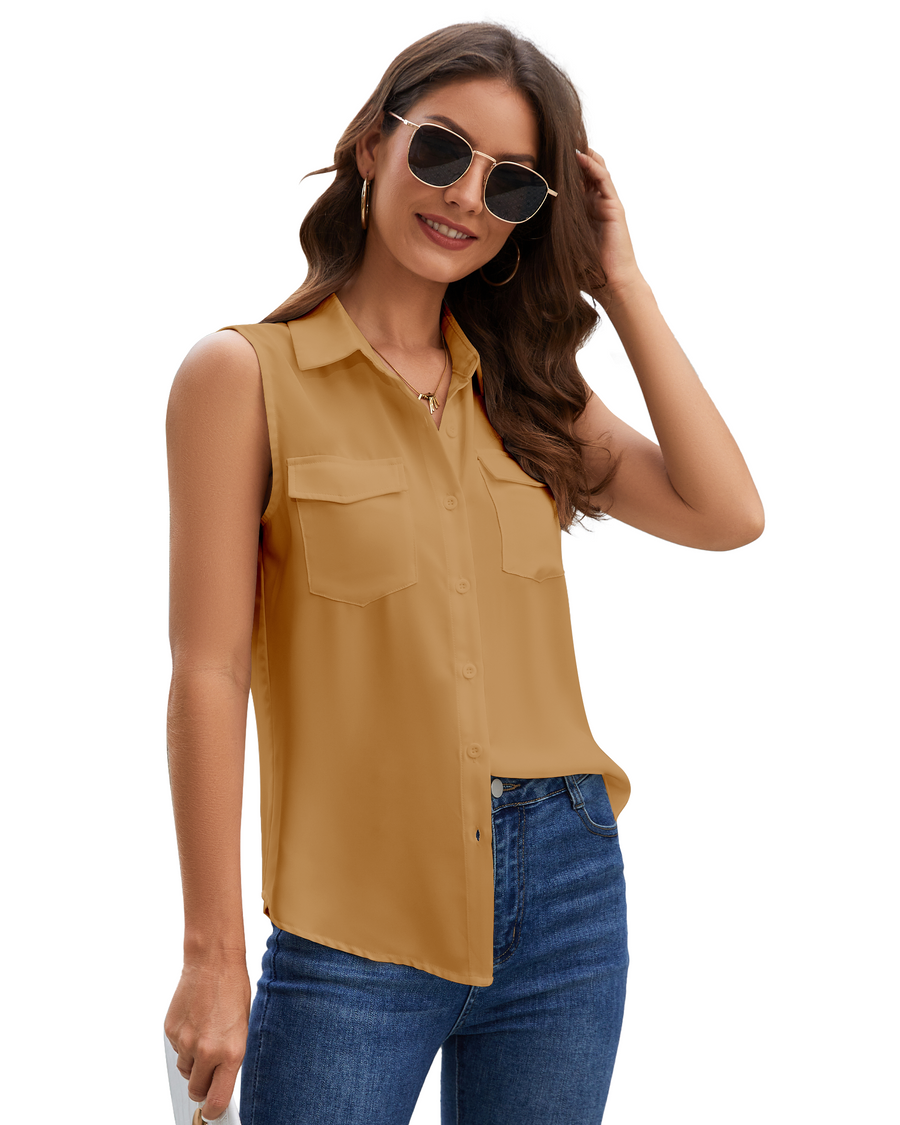 Women's Sleeveless Button Down Shirts Blouses Solid Casual Tank Top Loose V Neck Summer Top for Work