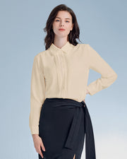 Womens Button Down Shirts Long Sleeve Casual Chiffon Blouses Loose Pleated Collared Work Office Tops