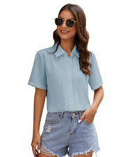 Womens Button Down Shirts Long Sleeve Casual Chiffon Blouses Loose Pleated Collared Work Office Tops