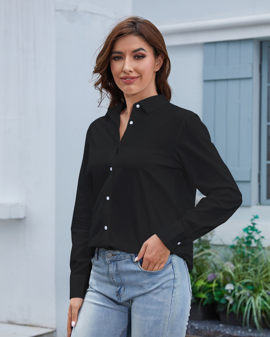 Cotton Linen Women's Button Down Shirts Long Sleeve V Neck Collared Shirt Loose Fit Casual Work Blouse Top