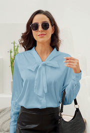 Women‘s Long Sleeve Bow Tie Neck Satin Solid Blouse in Blue