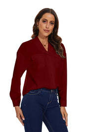 Womens Blouse & Button-Down Shirt with Pockets in Wine Red