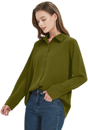 Women's Classic Long Sleeve Collared Chiffon Blouse in Green