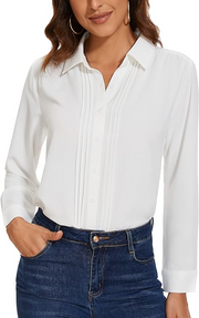 Womens Button Down Shirts Long Sleeve Casual Chiffon Blouses Loose Pleated Collared Work Office Tops