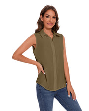 Womens Sleeveless Button Down Shirt Classic Collared Blouse Basic Tank Tops Work Office Chiffon Tops