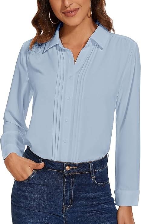 Womens Button Down Shirts Long Sleeve Casual Chiffon Blouses Loose Pleated Collared Work Office Tops