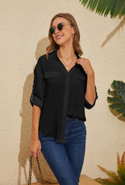 V -neck adjustment sleeve chiffon Blouse Long Sleeve Button Down Shirts  in Black