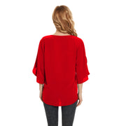 Women's Short Sleeve Button Down Loose Chiffon Blouses in Red