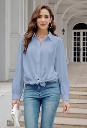 Womens Long Sleeve Bow Tie Neck Button Down Shirts in Blue