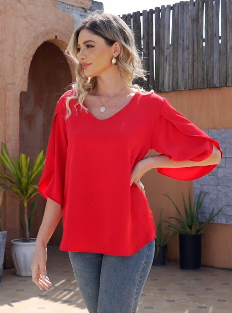 Women's Short Sleeve Button Down Loose Chiffon Blouses in Red