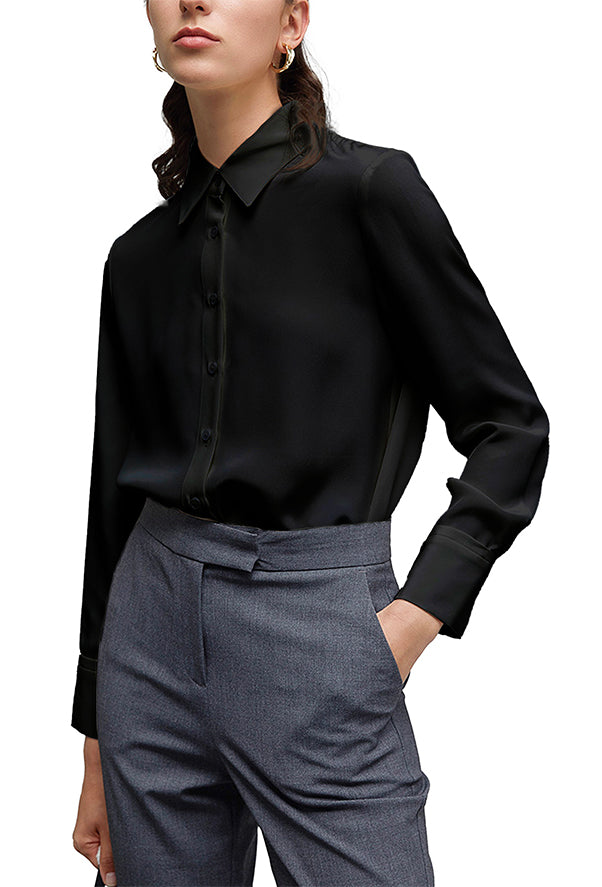 Women's Classic Long Sleeve Collared Chiffon Blouse in Black