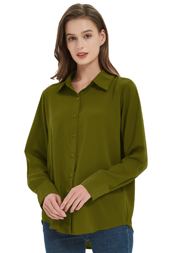 Women's Classic Long Sleeve Collared Chiffon Blouse in Green