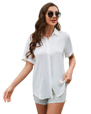 Women's Button Down Shirt Textured Chiffon Blouse Classic Collared Top Casual Work Office Blouse