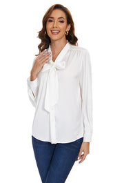 Women‘s Long Sleeve Bow Tie Neck Satin Solid Blouse in White