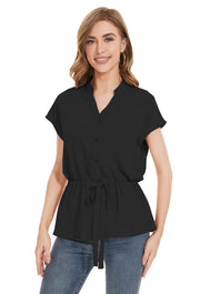 Womens Fashion Button Down Shirt Short Sleeve Blouses in Black