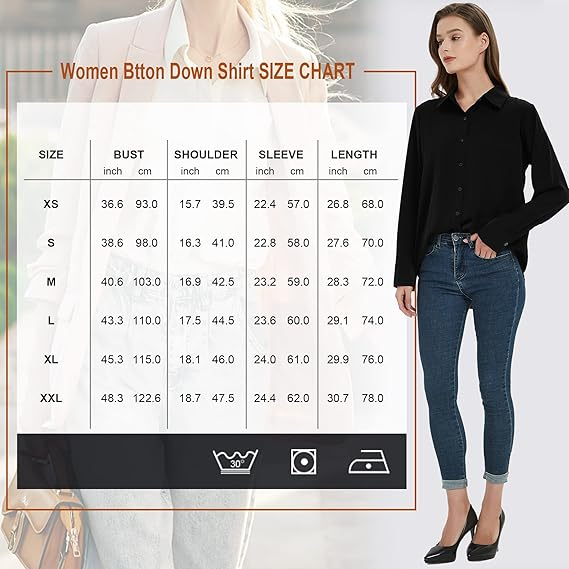 Women's Button Down Shirt Classic Long Sleeve Collared Tops Work Office Chiffon Blouse