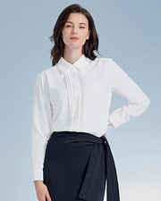 Womens Button Down Shirts Long Sleeve Casual Chiffon Blouses Loose Pleated Collared Work Office Tops