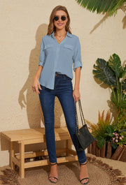 V -neck adjustment sleeve chiffon Blouse Long Sleeve Button Down Shirts  in Blue