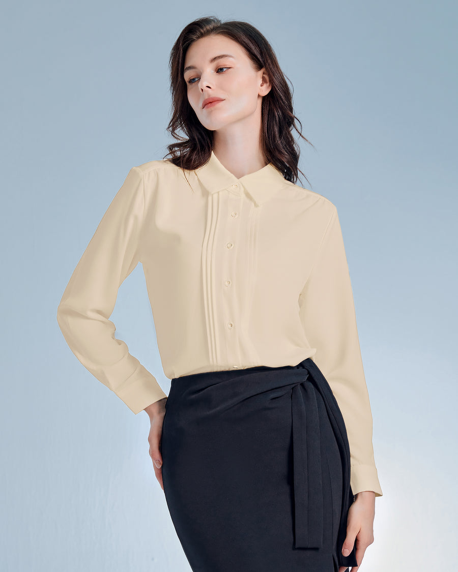 Womens Button Down Shirts Long Sleeve Casual Chiffon Blouses Loose Pleated Collared Work Office Tops