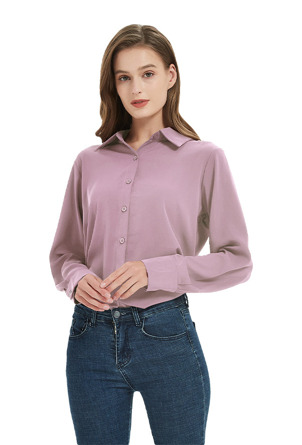 Women's Classic Long Sleeve Collared Chiffon Blouse in Pink