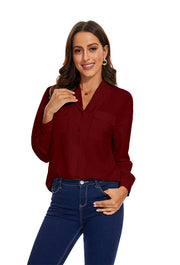 Womens Blouse & Button-Down Shirt with Pockets in Wine Red