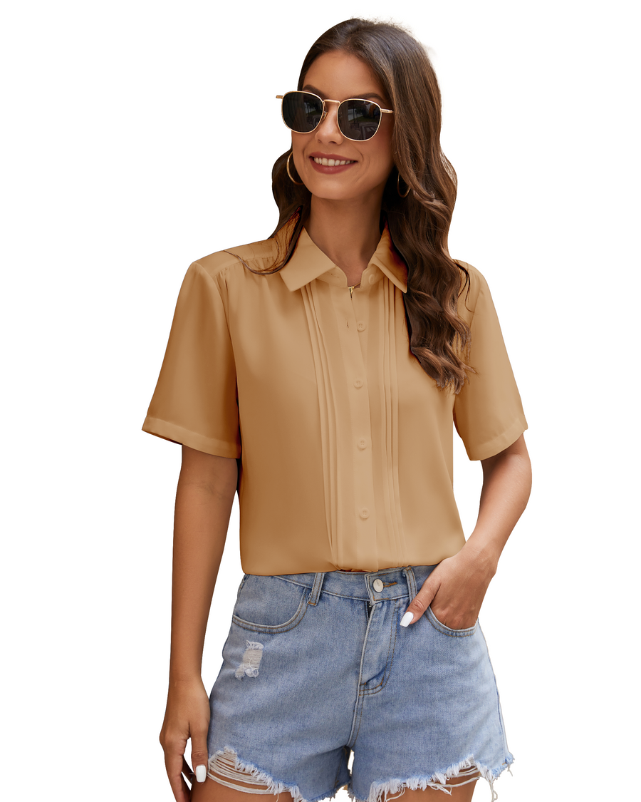 Womens Button Down Shirts Long Sleeve Casual Chiffon Blouses Loose Pleated Collared Work Office Tops