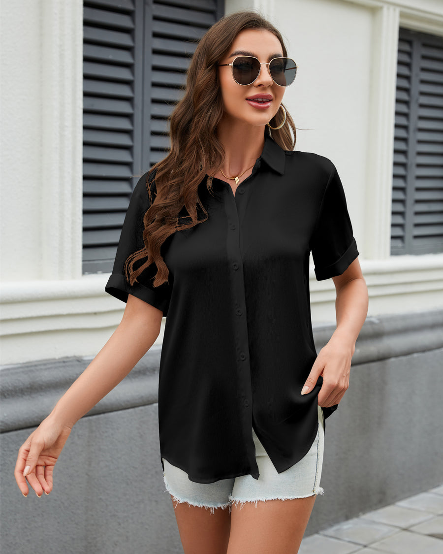 Women's Button Down Shirt Textured Chiffon Blouse Classic Collared Top Casual Work Office Blouse