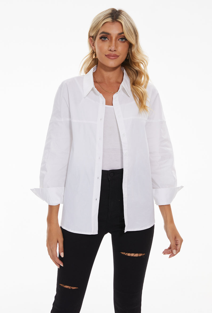 Women's lapel long sleeves Button Down Shirt in White