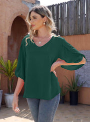 Women's Short Sleeve Button Down Loose Chiffon Blouses in Forest Green