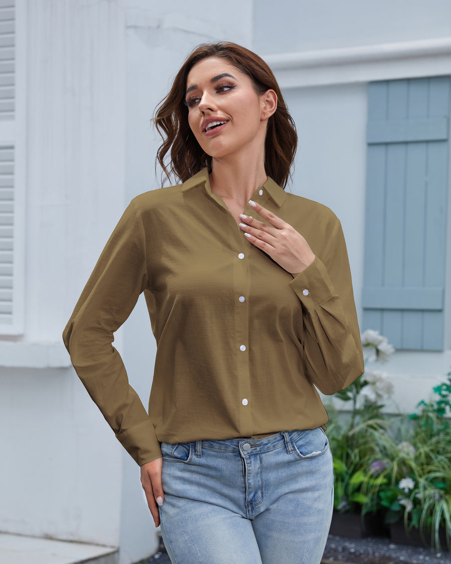 Cotton Linen Women's Button Down Shirts Long Sleeve V Neck Collared Shirt Loose Fit Casual Work Blouse Top