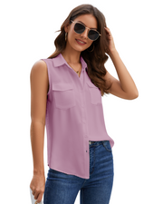 Women's Sleeveless Button Down Shirts Blouses Solid Casual Tank Top Loose V Neck Summer Top for Work