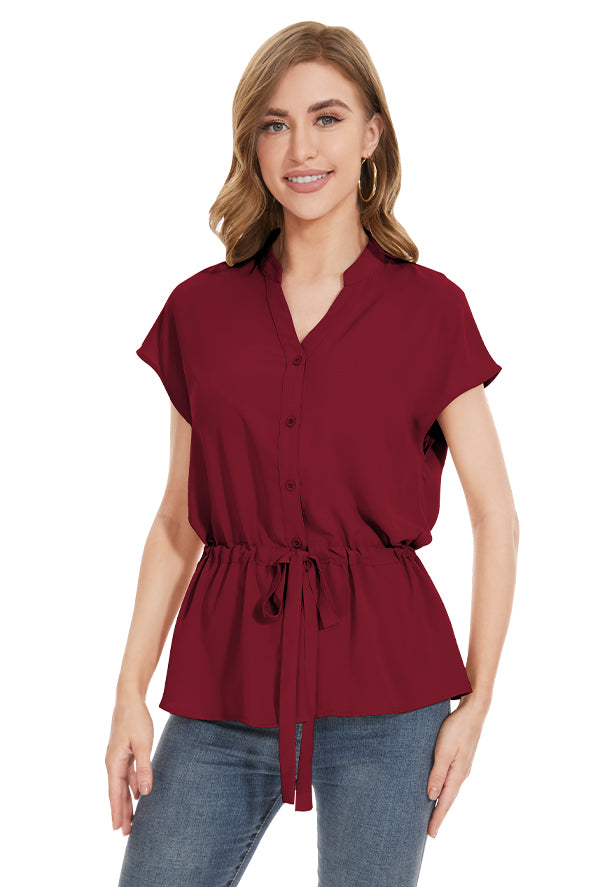 Womens Fashion Button Down Shirt Short Sleeve Blouses in Red