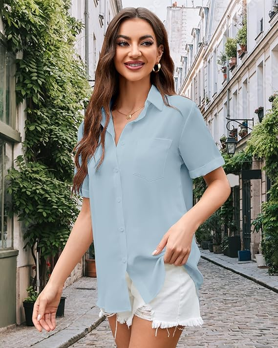 Blouse for Women Button Down Shirt V Neck Women Short Sleeve Tops Chiffon Work Office Blouse with Pocket