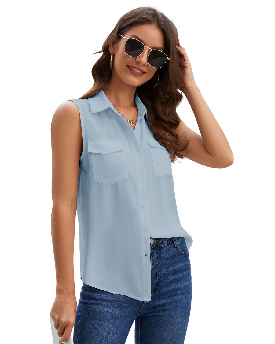 Women's Sleeveless Button Down Shirts Blouses Solid Casual Tank Top Loose V Neck Summer Top for Work